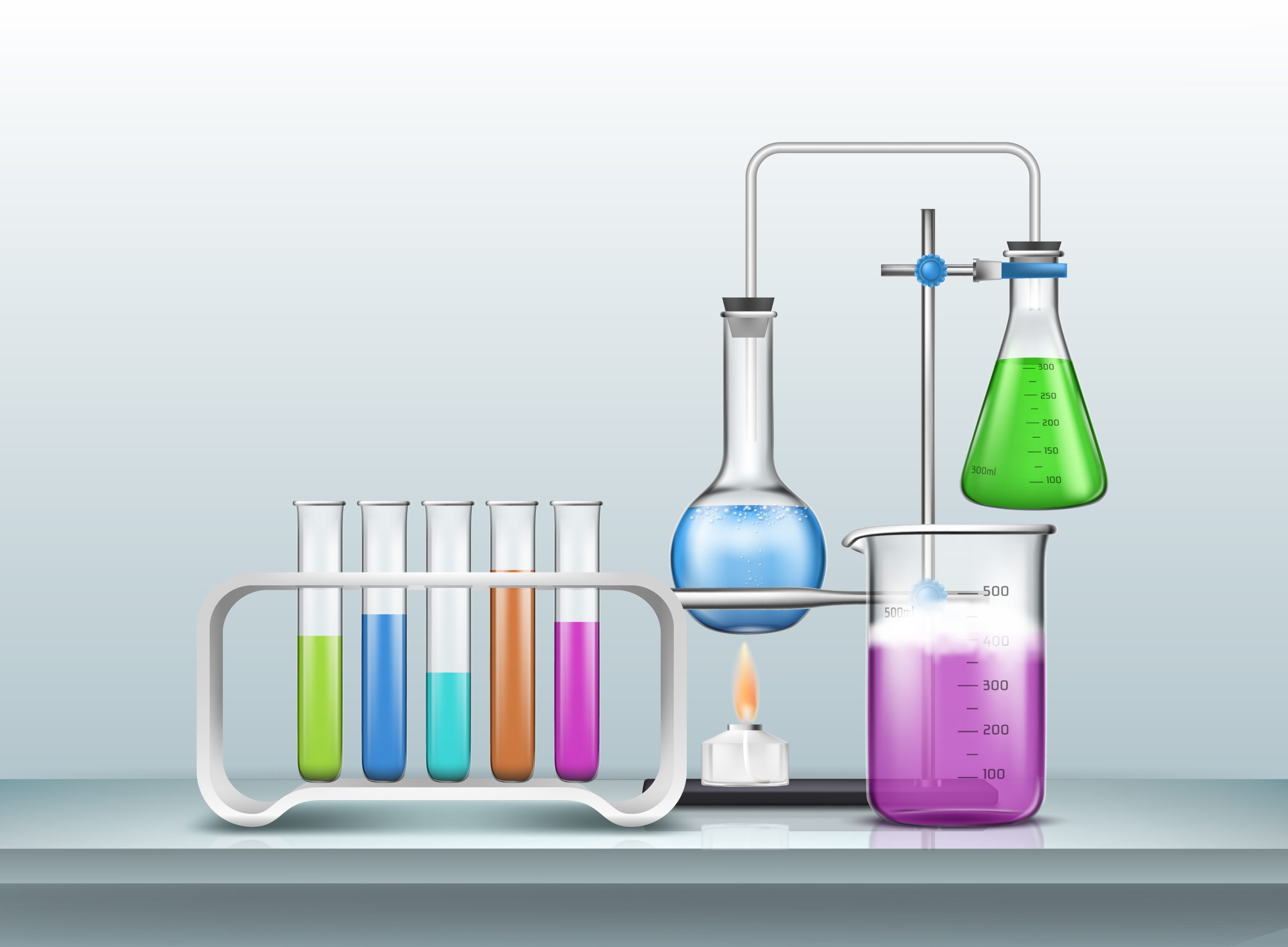 Chemical, biology research experiment or test 3d realistic vector with laboratory graduated glassware filled with color reagents, lab flasks connected with pipe, heating by alcohol burner illustration