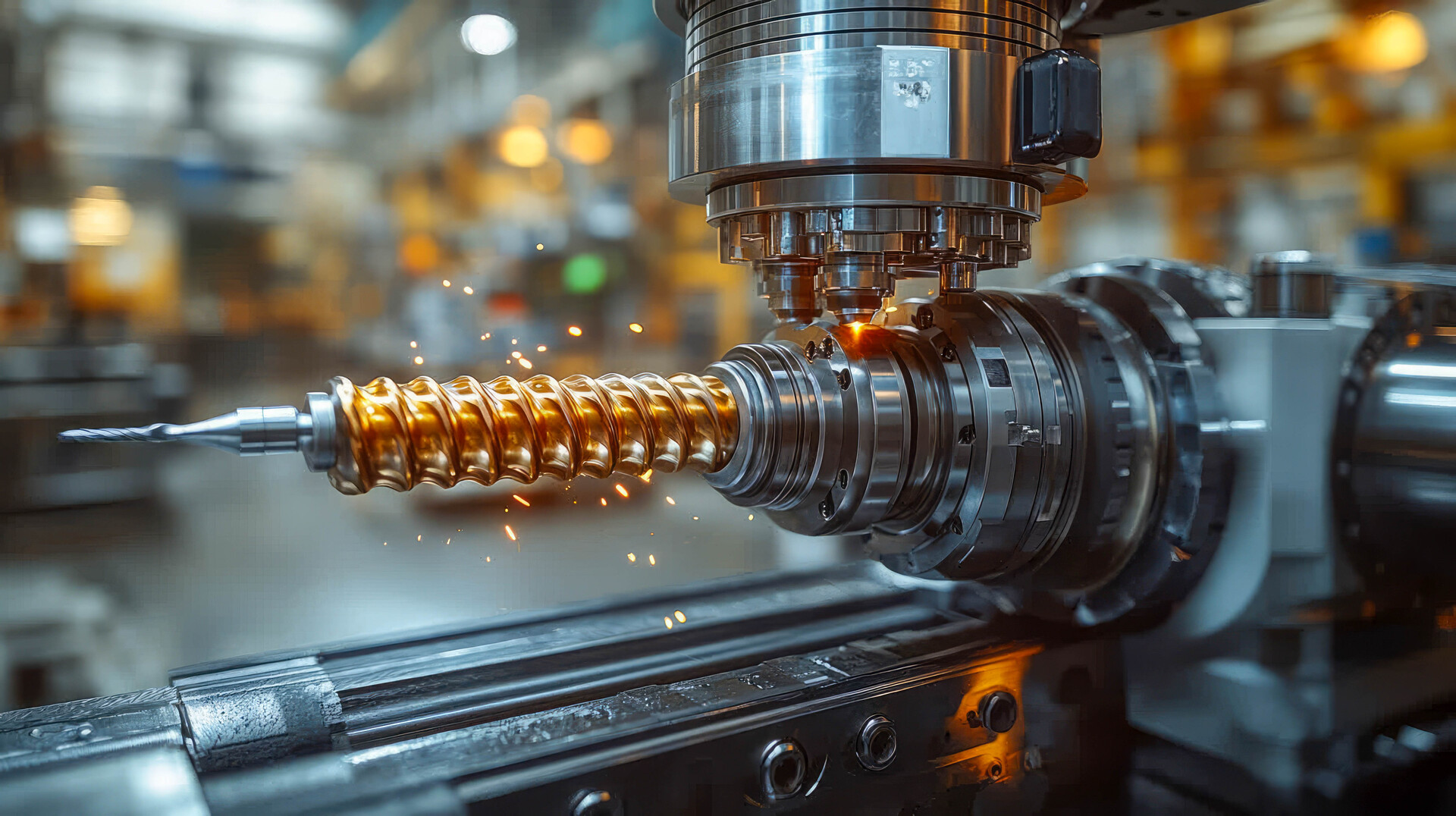 High-tech CNC machine in action, emitting vibrant orange sparks during metalwork in a precision-focused industrial environment.